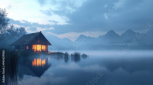 Dusk setting with a wooden house glowing by a still lake, foggy peaks in the distance adding to the peaceful ambiance.