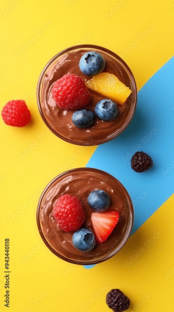 Two glass bowls with chocolate mousse and fresh berries, peaches and strawberries on a yellow and blue background. Two glass bowls with chocolate mousse and fresh berries, peaches and strawberries on a yellow and blue background.