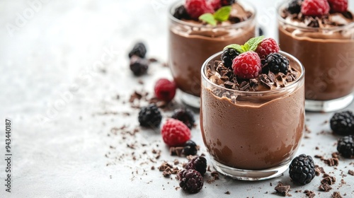 Three glasses of chocolate mousse topped with raspberries, blackberries and chocolate shavings on a light gray background.