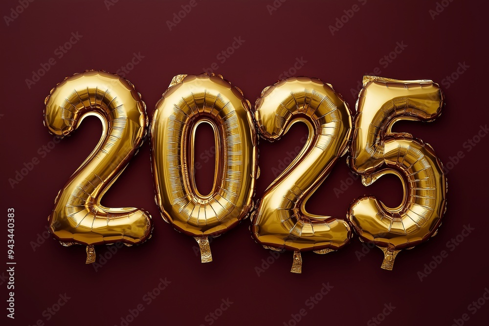 Gold foil balloons shaped like the numbers 2025 isolated on background Gold foil balloons shaped like the numbers 2025 isolated on background