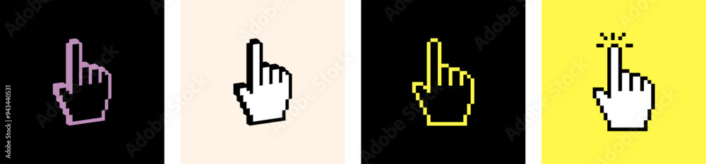 Hand click cursor icon set. Finger touch gesture. Y2k trendy stickers. 3D pixel elements. Mood of 90's. Cyber aesthetic. 8-bit retro style vector illustration for collage, web, banner, poster, print Hand click cursor icon set. Finger touch gesture. Y2k trendy stickers. 3D pixel elements. Mood of 90's. Cyber aesthetic. 8-bit retro style vector illustration for collage, web, banner, poster, print