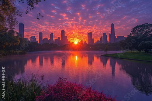 Melbourne Skyline Reflected in Albert Park Lake During a Stunning Purple Sunrise photo