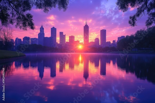 Melbourne Skyline Reflected in Albert Park Lake During a Stunning Purple Sunrise