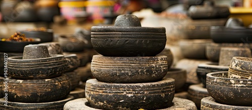 Indonesian kitchenware cobek and ulekan stone mortar and pestle for crushing herbs making natural flavors or chili sauce available with copy space image photo