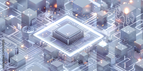 A close-up view of a silver central processing unit surrounded by a circuit board, highlighting the intricate design and connectivity of microchips and electronic components in a futuristic setting photo