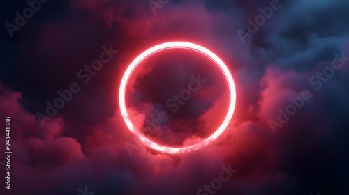 An abstract cloud illuminated with a neon light ring on a dark background, creating a surreal effect. A glowing geometric circle frame in the sky is surrounded by smoke and clouds.