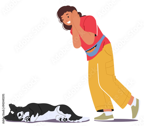 Dog Training Session With A Handler Giving Commands To A Lying Dog. Handler Character Appears Engaged And Happy