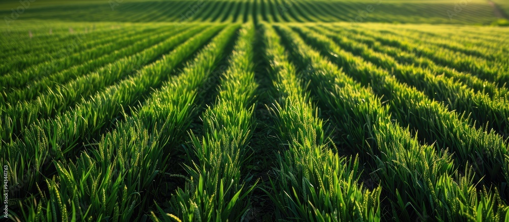 Fertile agricultural land with a symmetrical pattern of green cereal crop sprouts such as wheat barley and rye creating a picturesque copy space image Fertile agricultural land with a symmetrical pattern of green cereal crop sprouts such as wheat barley and rye creating a picturesque copy space image