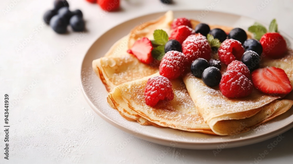 Two thin golden-brown crepes topped with fresh raspberries, blueberries, strawberries and powdered sugar. Two thin golden-brown crepes topped with fresh raspberries, blueberries, strawberries and powdered sugar.