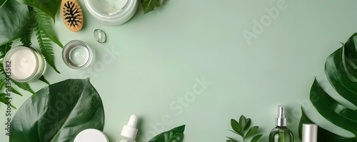 Green Leaves and Natural Beauty Products on a Light Green Background photo