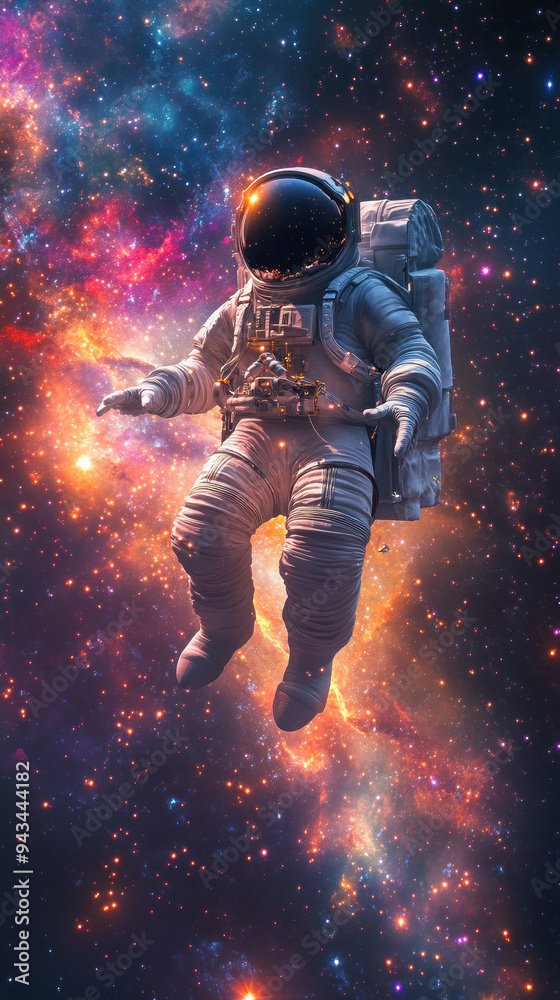Astronaut floating amidst cosmic rainbow nebula Astronaut floating amidst cosmic rainbow nebula