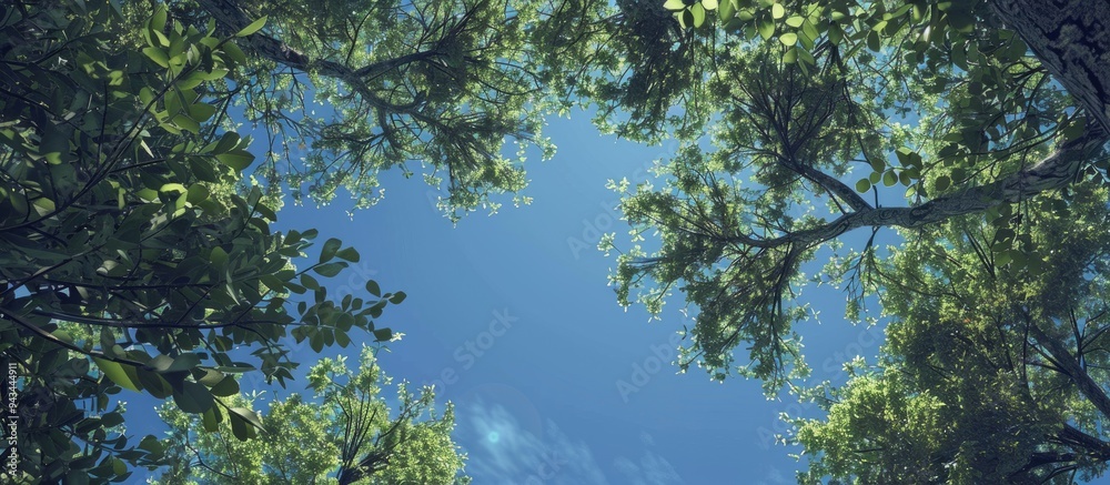 Obraz premium Looking up through the treetops creates a natural copy space image as the greenery surrounds the clear blue sky