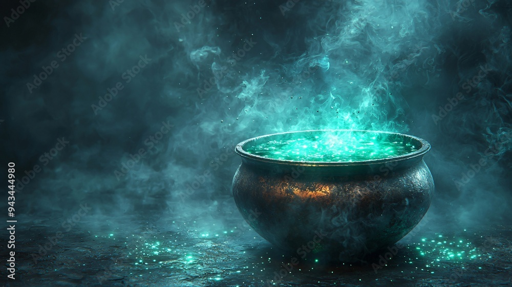 Halloween cauldron with a green glowing potion set against a dark foggy background, perfect for spooky-themed designs, posters, or invitations with copy space. Halloween cauldron with a green glowing potion set against a dark foggy background, perfect for spooky-themed designs, posters, or invitations with copy space.