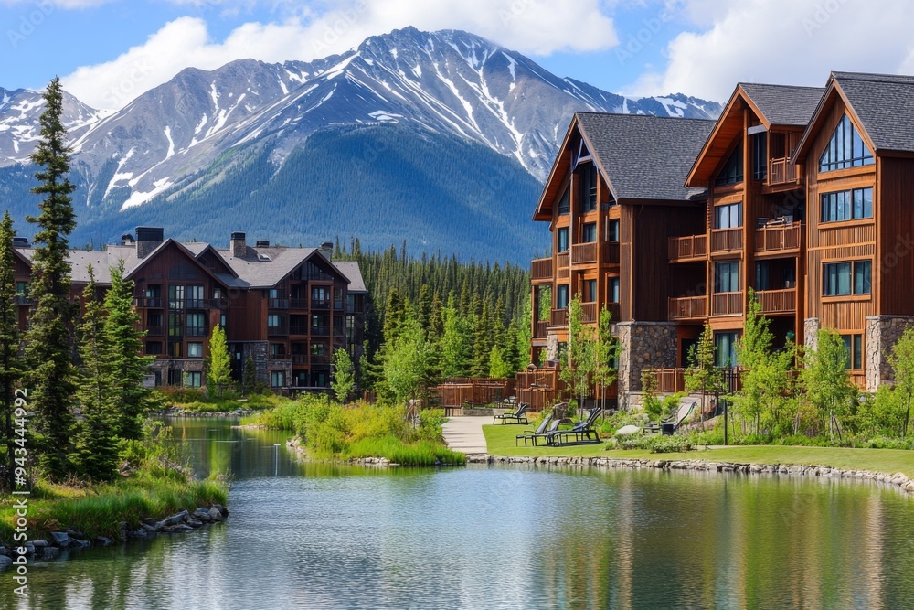 Fototapeta premium A scenic image showing wooden lodges by a calm pond with a magnificent backdrop of snow-capped mountains, surrounded by lush greenery, creating a peaceful and picturesque setting.