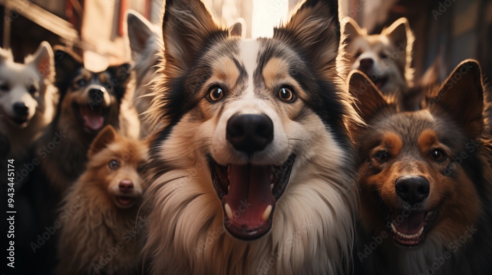 A group of dogs taking a selfie on a blurred background. A group of dogs taking a selfie on a blurred background.