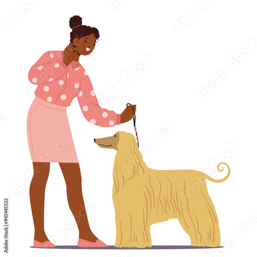 Woman Presenting A Dog At A Pet Exhibition. Female Character Holding The Dog Leash, Demonstrating Care And Teamwork
