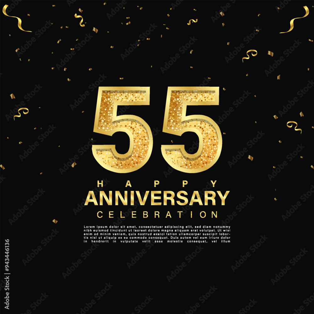 55th anniversary celebration emblem. Gold anniversary logo isolated on dark black gradient background. Anniversary banner template design for web, poster, flyers, greeting card and invitation card