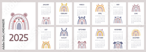 Calendar 2025 template for kids. Cute calendar 2025 with funny rainbows animals. Vertical A4 design template.