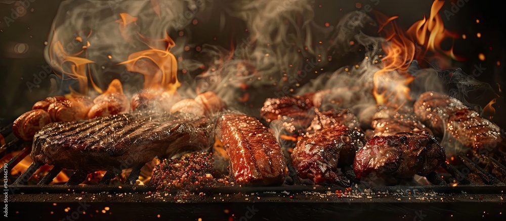 Image of various meats grilling on a barbecue with flames and smoke showcasing American cuisine with copy space for text Image of various meats grilling on a barbecue with flames and smoke showcasing American cuisine with copy space for text