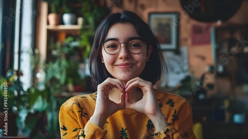 Photograph of a person making a heartfelt hand gesture smiling softly against a simple calm background  Conveying emotions of love affection and connection