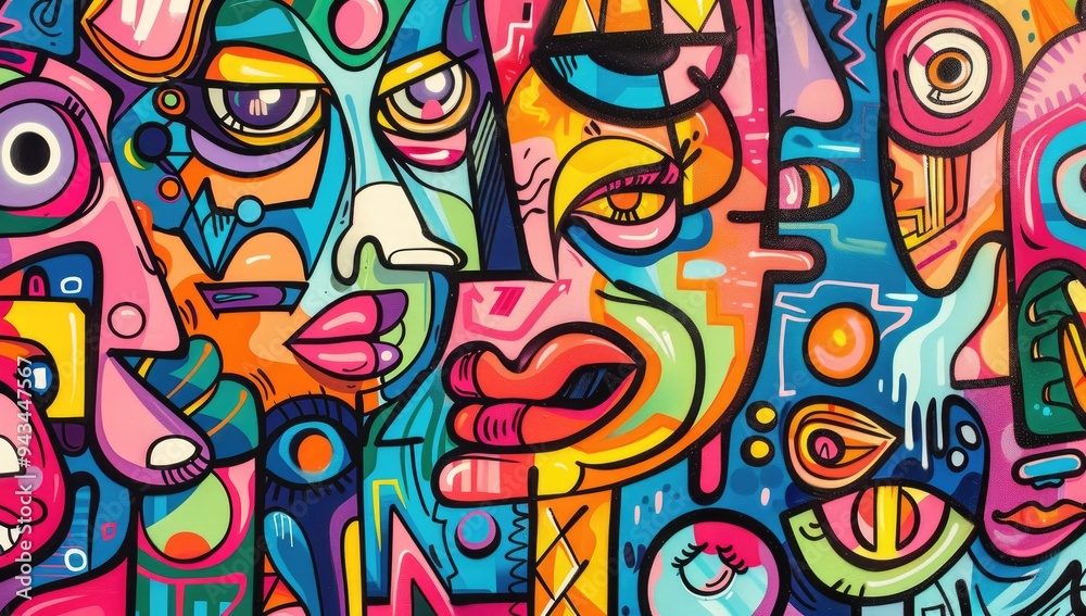 A vibrant cartoon-style graffiti pattern featuring abstract shapes and characters, with bold colors and dynamic lines creating an energetic atmosphere, focusing on faces.