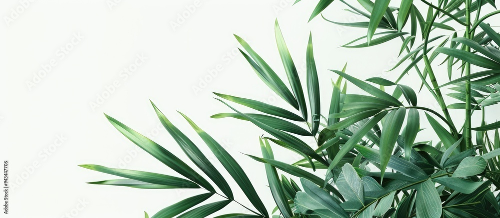 Lady palm and bamboo palm leaves against a white background ideal for design and layout with copy space image Lady palm and bamboo palm leaves against a white background ideal for design and layout with copy space image