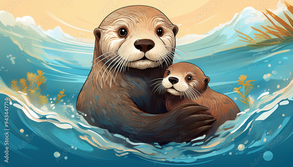 Fototapeta premium とてもかわいいラッコの親子