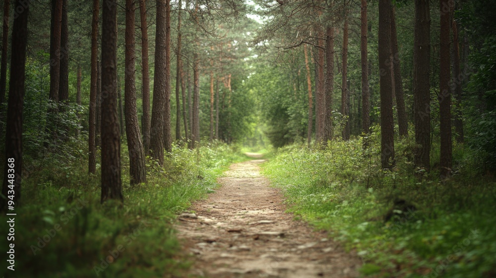 Fototapeta premium A serene forest path surrounded by tall, lush green trees, bathed in daylight, inviting a peaceful walk and connection with nature, symbolizing tranquility and escape.