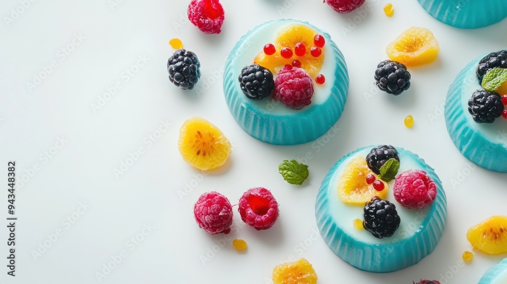 Blue desserts with raspberries, blackberries and slices of fruit on a white background. Blue desserts with raspberries, blackberries and slices of fruit on a white background.