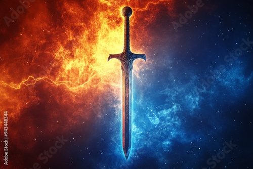 A gleaming sword set against a dramatic red and blue lightning backdrop, symbolizing the duality of strength and elemental opposition, conveying a powerful imagery.