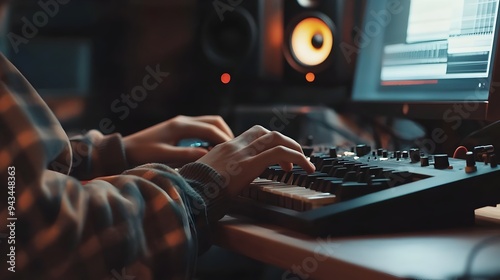 Productive employee typing on computer keyboard at their desk in a modern well designed office setting  Focused on work productivity and business success