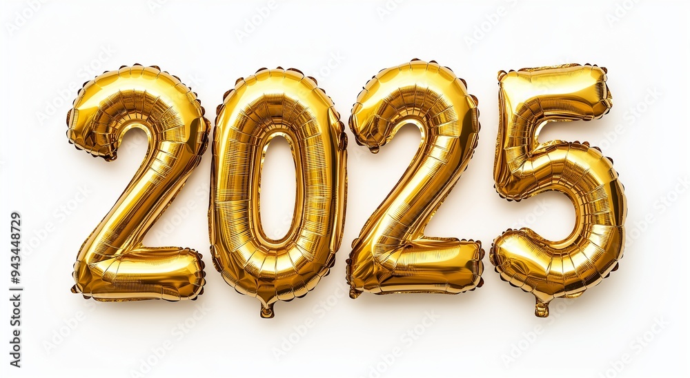Gold text 2025 made of golden foil on white background Gold text 2025 made of golden foil on white background