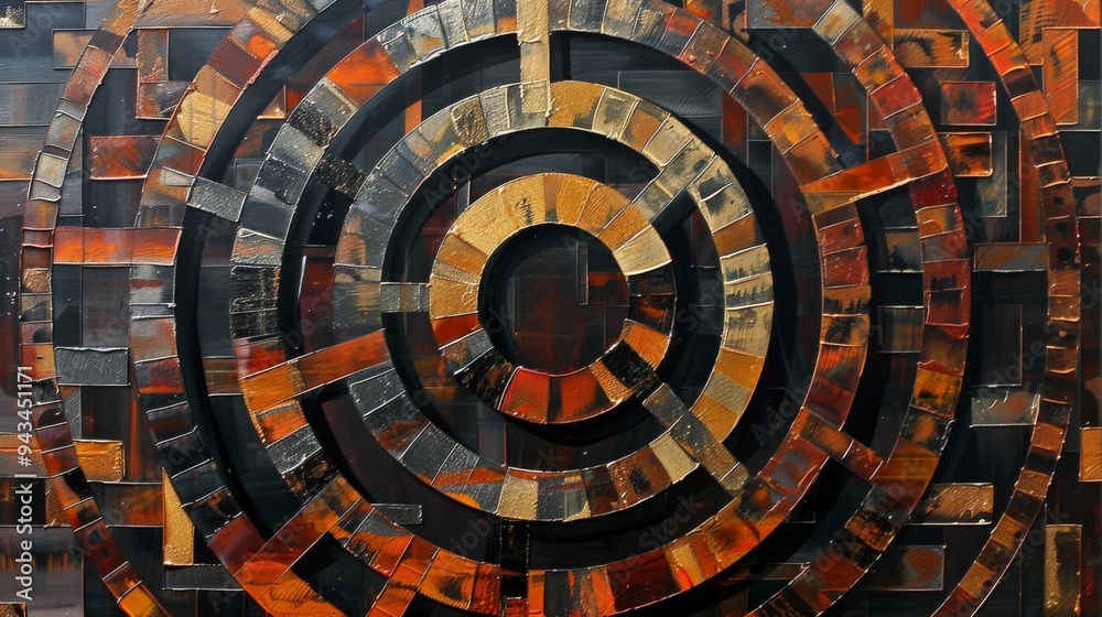 Fototapeta premium An intricate artistic design resembling a labyrinth or maze, created using metallic textures and shades of copper and black, conveying complexity and depth.