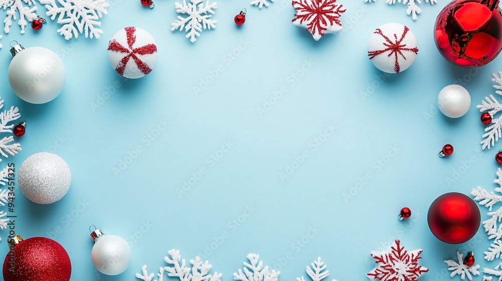 Merry Christmas and Happy Holidays greeting card, frame, banner. New Year. Noel. White Christmas white and red ornaments on blue background top view. Winter holiday xmas theme. generative ai Merry Christmas and Happy Holidays greeting card, frame, banner. New Year. Noel. White Christmas white and red ornaments on blue background top view. Winter holiday xmas theme. generative ai