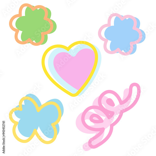 Pastel illustration of heart, flower, doodles for Valentine, campaign badges, love sign, symbol, shirt print, cute patch, brooch, icon, sticker, girly stuff, cartoon, character, happy emoji, summer