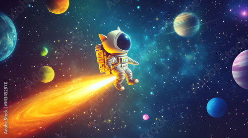 Fototapeta Naklejka Na Ścianę i Meble -  Cat Astronaut flying outer space among colorful planets and stars 3D cartoon illustration