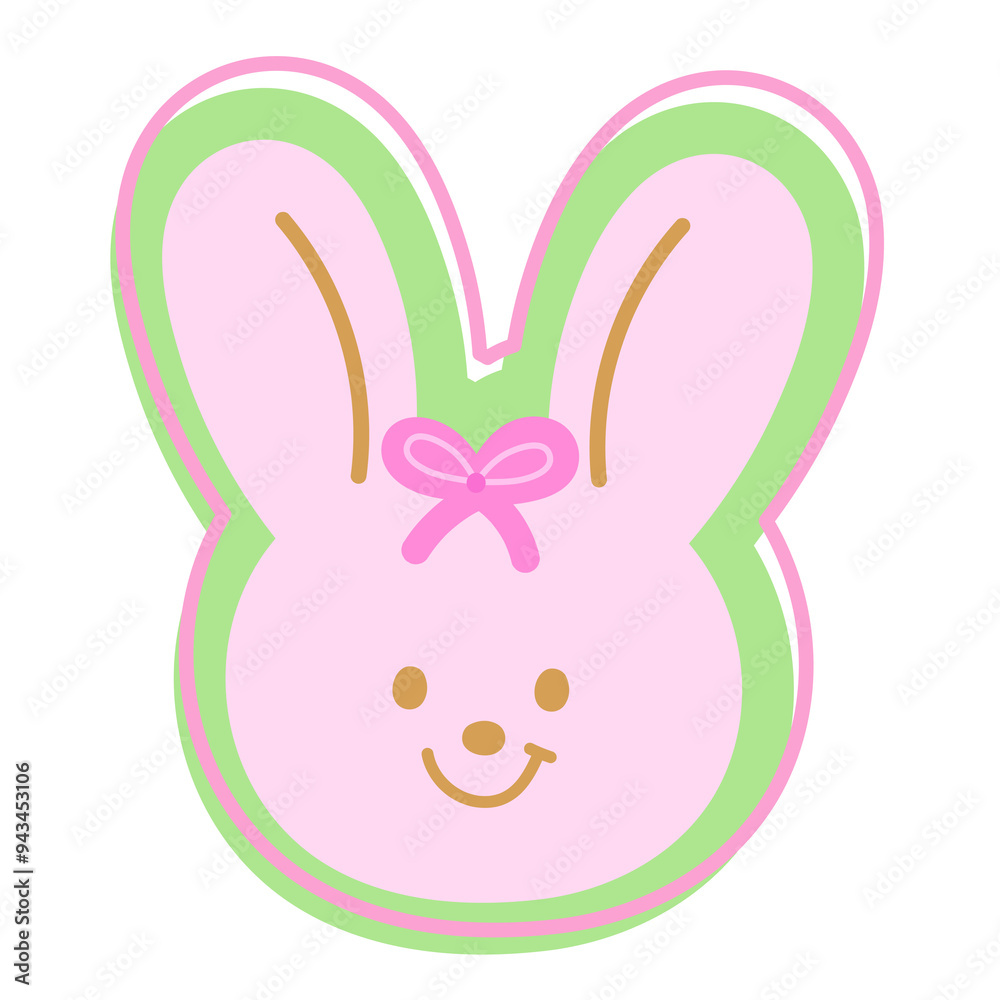 Illustration of pink bunny with pink ribbon for animal, cartoon character, comic, mascot, cute patches, shirt print, plush toy, rabbit doll, zoo, souvenir shop, brooch, sticker, easter, emoji, summer