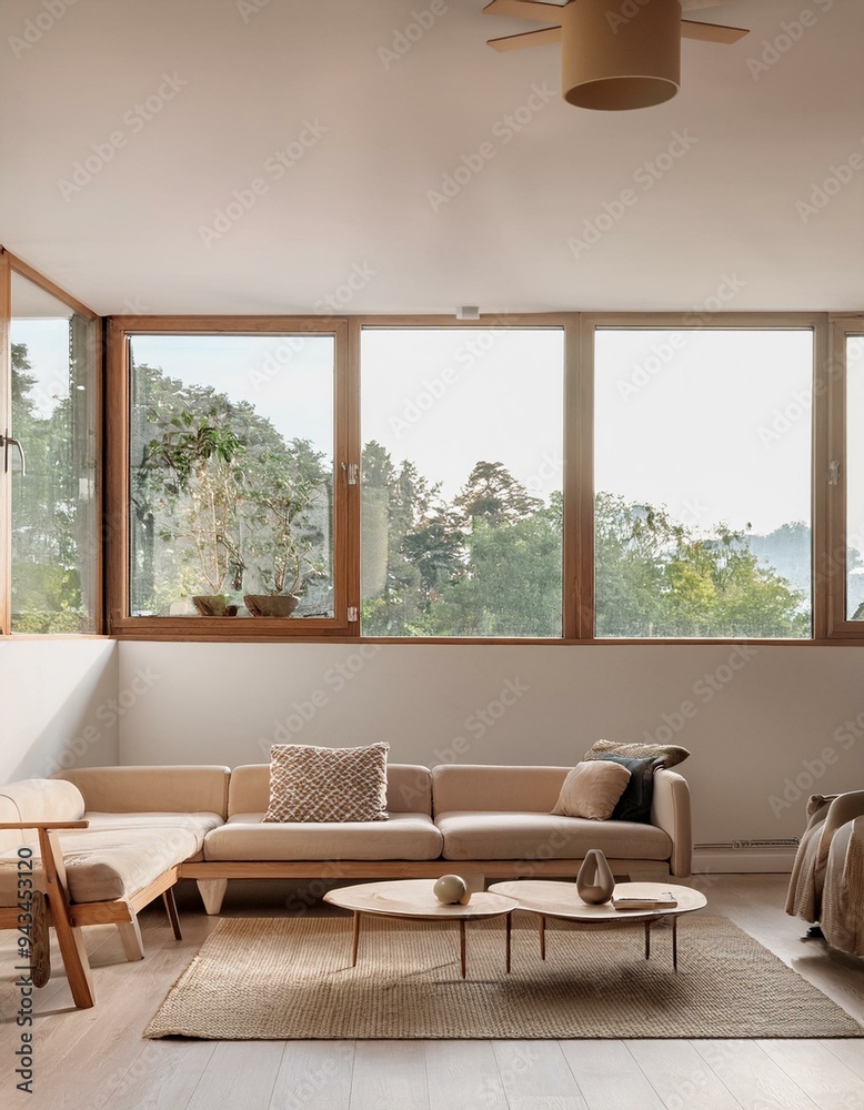 Home living room interior with sofa and armchairs, shelf and panoramic window