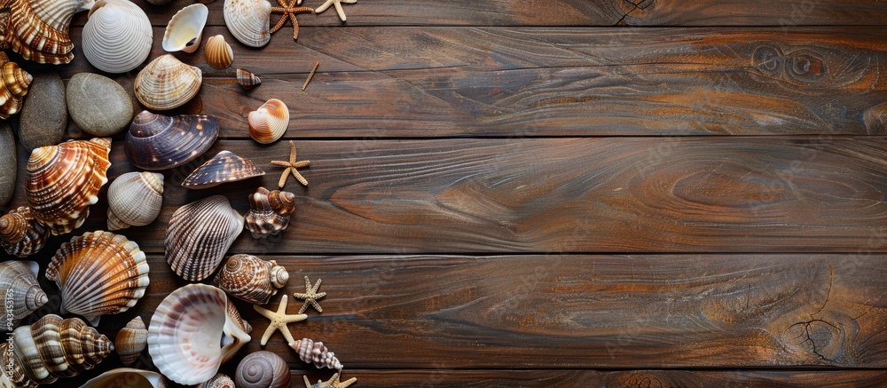 Various sea shells snails and pebbles in different sizes shapes and colors displayed on a brown wooden surface from a top view with a close up angle showcasing a copy space image Various sea shells snails and pebbles in different sizes shapes and colors displayed on a brown wooden surface from a top view with a close up angle showcasing a copy space image
