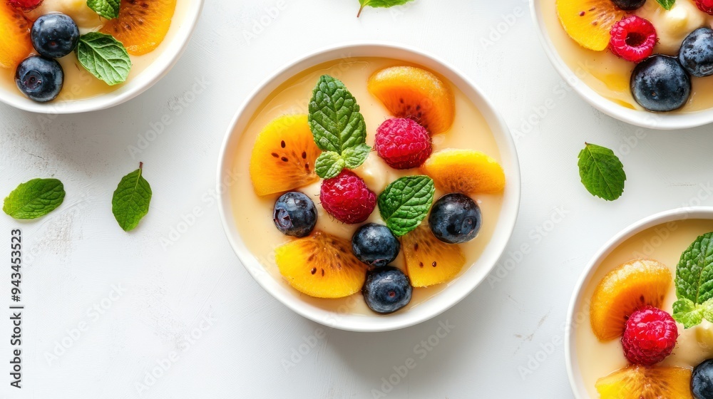 Three bowls of vanilla pudding topped with kiwi, raspberries, blueberries, and mint leaves on a white background. Three bowls of vanilla pudding topped with kiwi, raspberries, blueberries, and mint leaves on a white background.