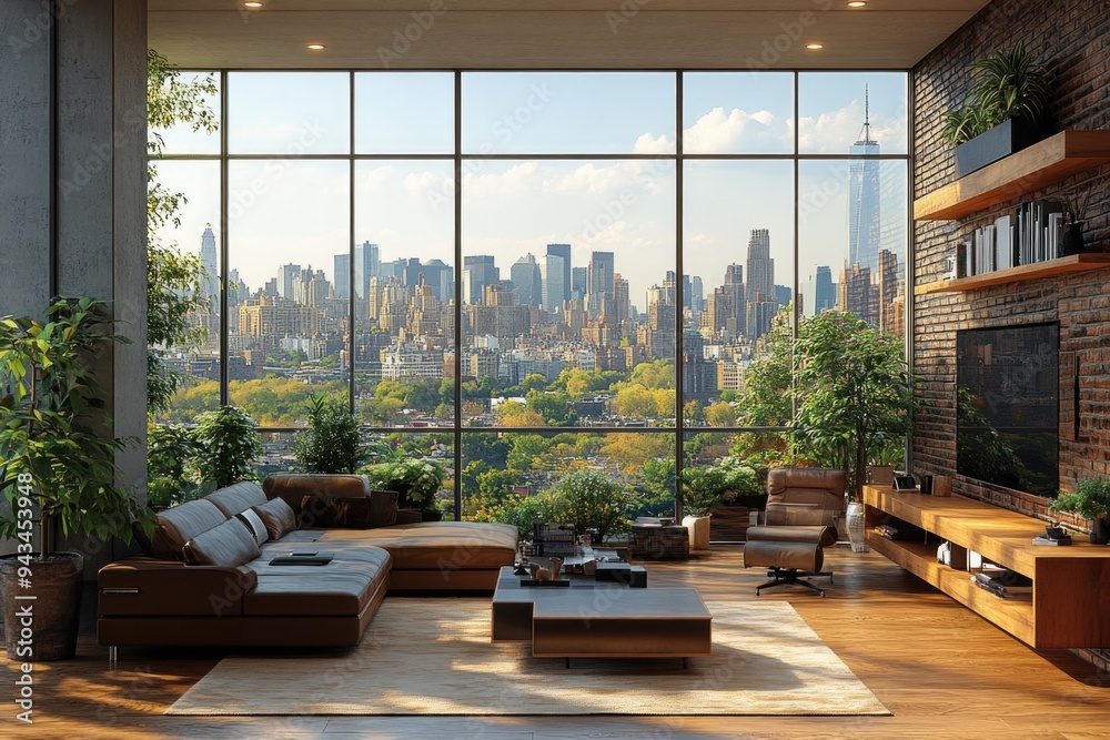 Modern Office Space: Sleek Furniture, Large Windows, and a Stunning Cityscape Background in 3D Modern Office Space: Sleek Furniture, Large Windows, and a Stunning Cityscape Background in 3D