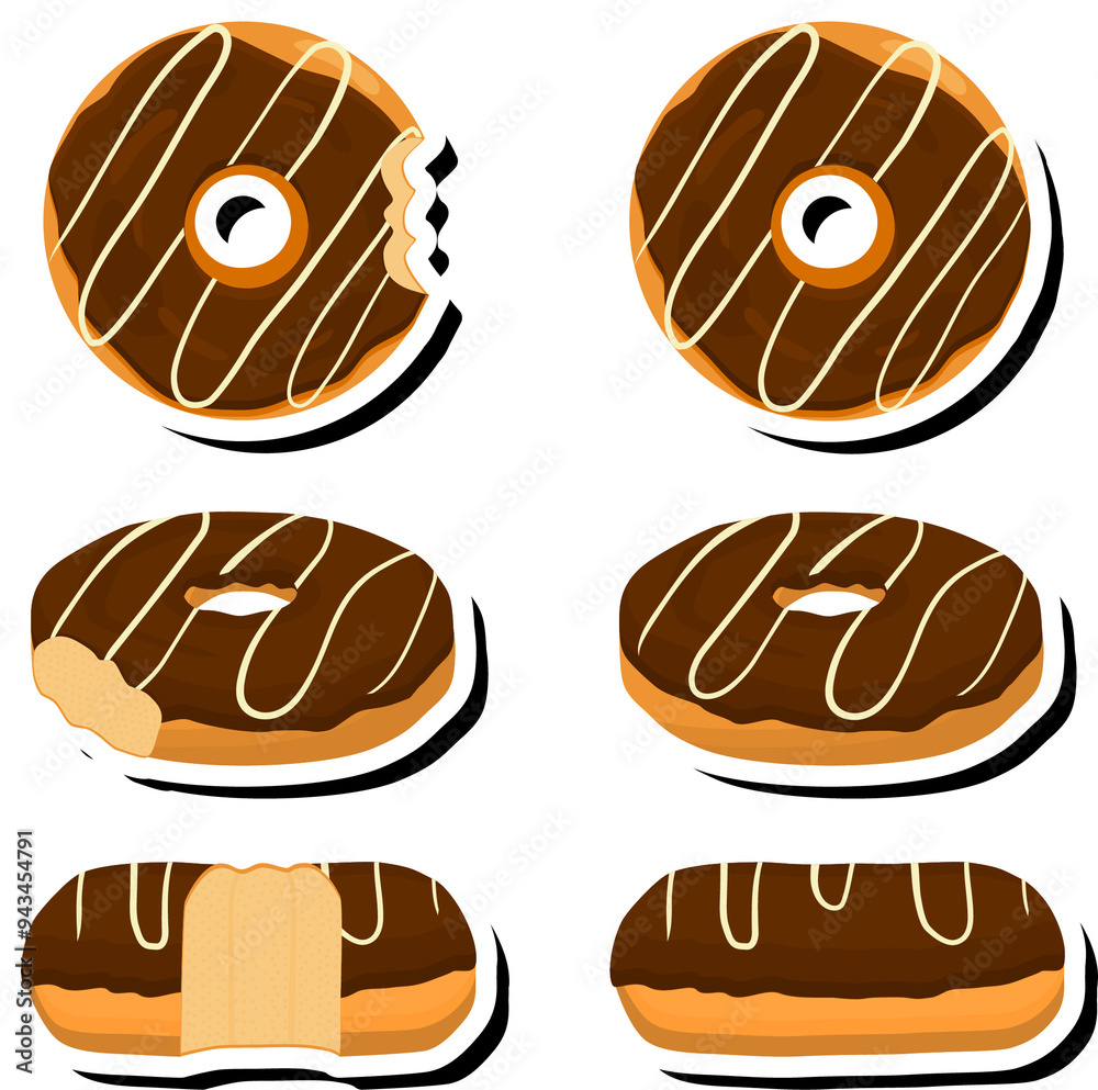 Fototapeta premium Illustration on theme big set different types sticky donuts, sweet doughnuts various size