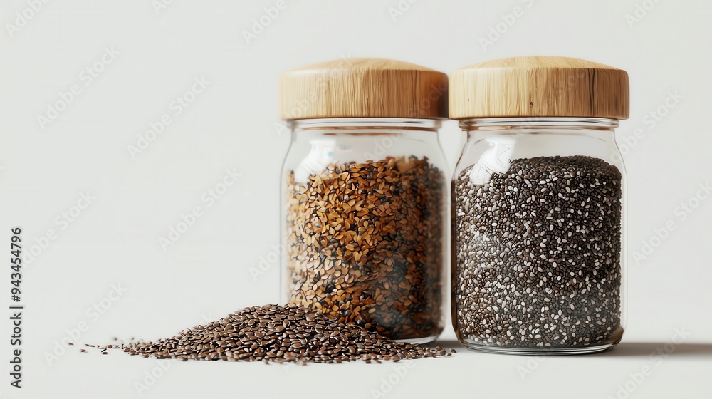 Organic flaxseed and chia seed jars, superfoods and nutrition Organic flaxseed and chia seed jars, superfoods and nutrition