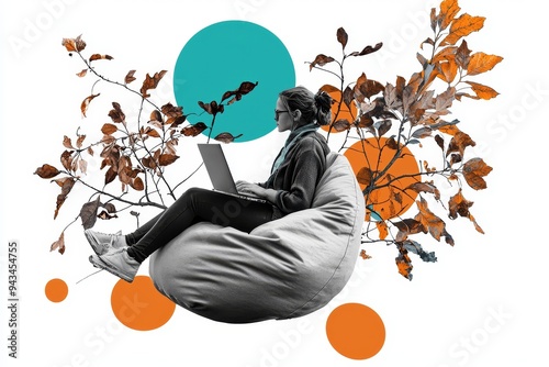 Trend art image collage of autumn foliage and clouds outdoors young woman sitting on a beanbag working on her laptop in the autumn season photo