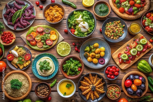 A stunning display of colorful fresh vegetables salads and gourmet dishes including leafy greens berries various fruits sauces and grains beautifully arranged on a rustic wooden table.