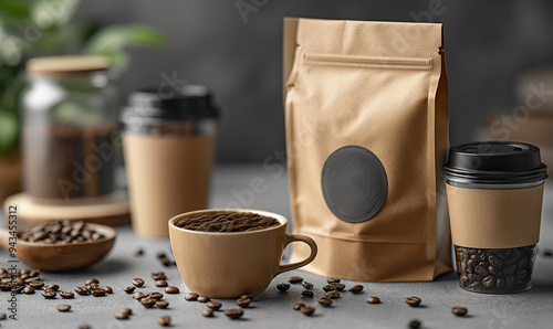 Packaging of coffee on a wooden table with coffee, ground beans on a blurred background. Coffee packaging mockup with empty space for design.