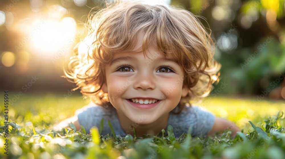 Child with curly hair smiling on grass at sunset Child with curly hair smiling on grass at sunset