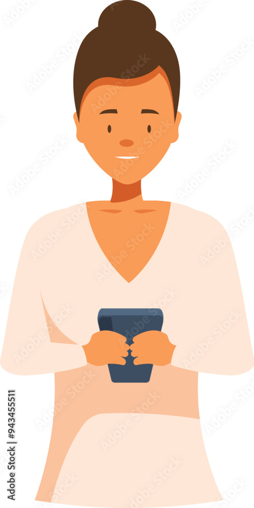 Young woman is holding a smartphone, possibly browsing the internet or engaging with social media Young woman is holding a smartphone, possibly browsing the internet or engaging with social media