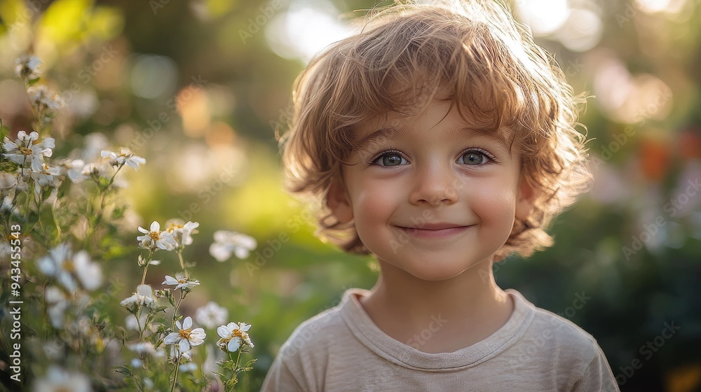 Smiling child among flowers with curly blond hair Smiling child among flowers with curly blond hair
