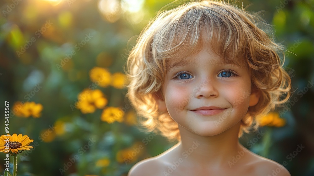 Smiling child in a sunflower field at sunset Smiling child in a sunflower field at sunset